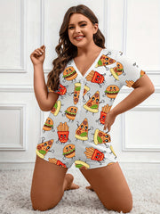 Cartoon Pizza & Burger Print Pajama Romper