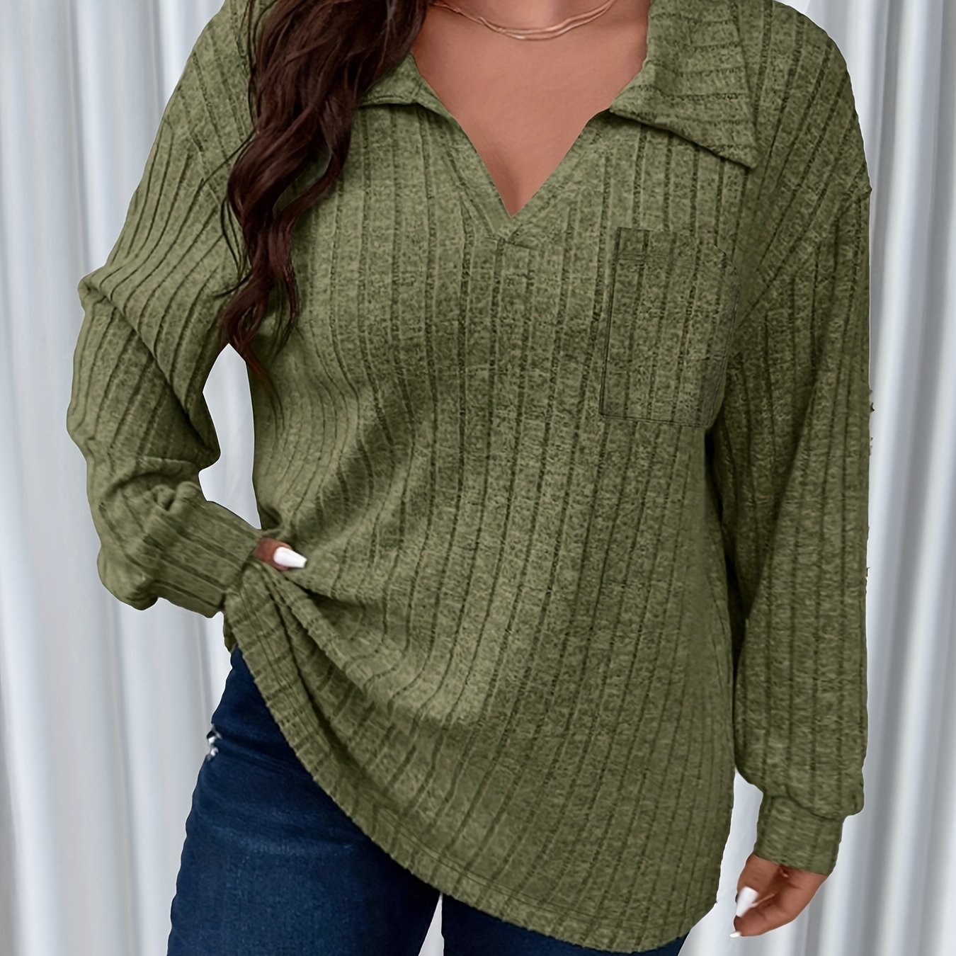 Casual Sweater Solid Ribbed Knit Long Sleeve Pullover