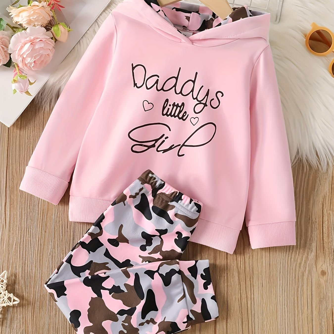 2pcs Baby Girls Letter Hoodie & Camo Pants Set Kids Clothes