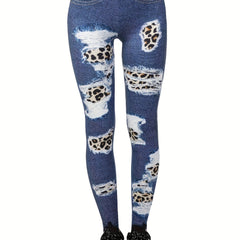 Denim Printed High Waist Leggings Slim Fit Casual Leggings