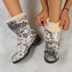 Floral Pattern Snow Boots Women's Mid Length Warm Footwear