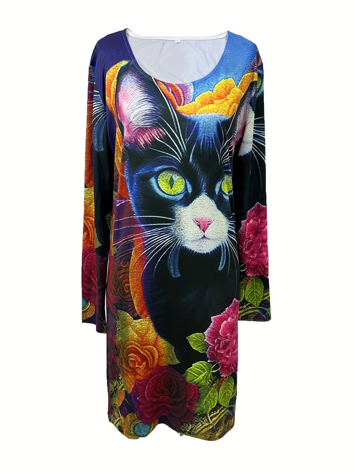 Cat Print Round Neck Dress
