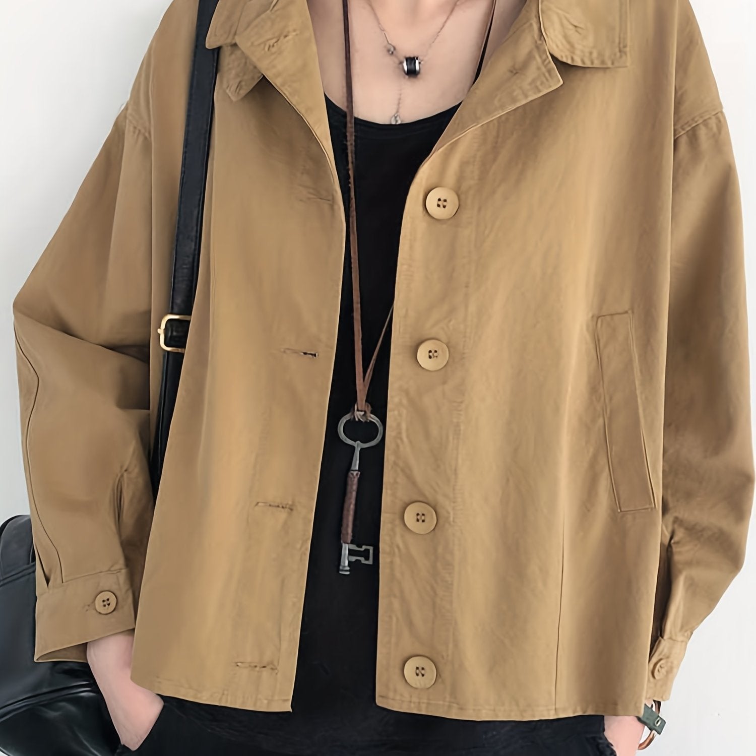 Solid Button Front Jacket Casual Long Sleeve Outerwear Women's Clothing