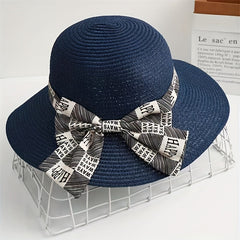 Graffiti Bowknot Sun Hat Wide Brim UV Protection Straw Hat for Women