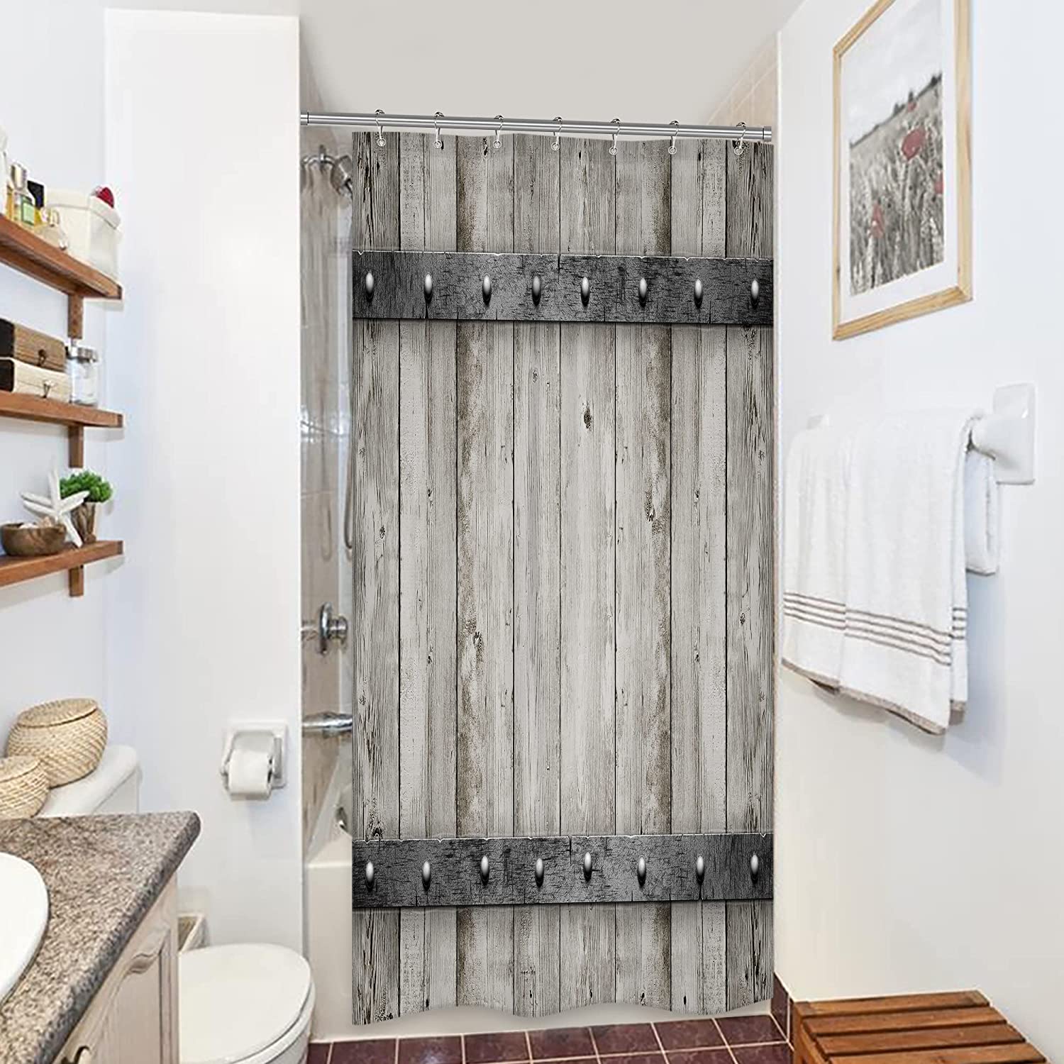 Rustic Farmhouse Shower Curtain with Barn Door Design