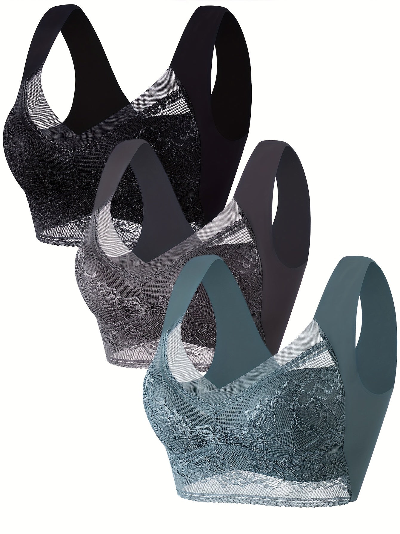 3pcs Lace Wireless Bras Full Coverage Comfy & Breathable