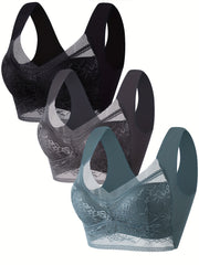 3pcs Lace Wireless Bras Full Coverage Comfy & Breathable