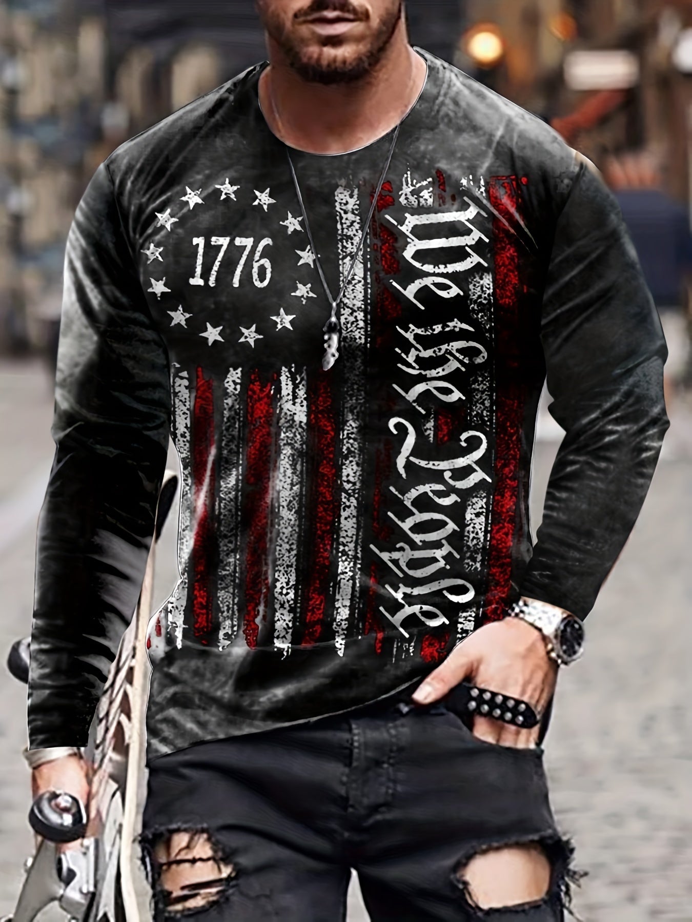 Vintage Print Men's Long Sleeve Tee Shirt for Autumn
