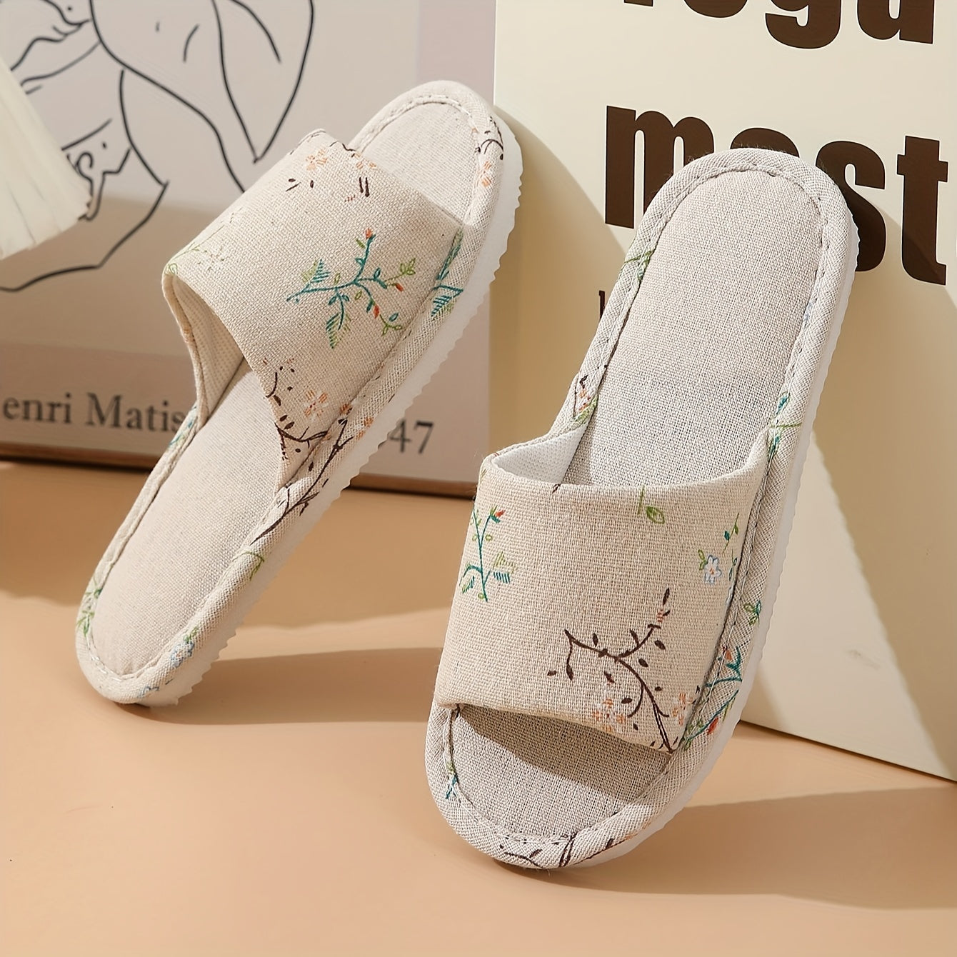Floral Print Flat Slippers Home Non slip Open Toe Lightweight Slides