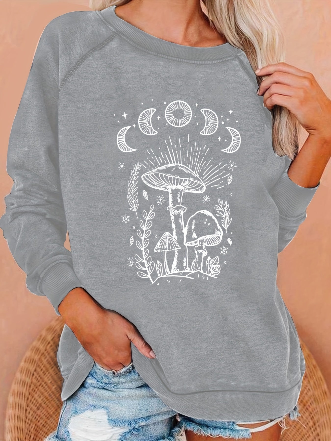 Mushroom Print Sweatshirt Crew Neck Pullover Casual Tops