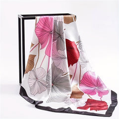 Lotus Print Satin Square Scarf Flower Bandana Women Casual Sunscreen Shawl