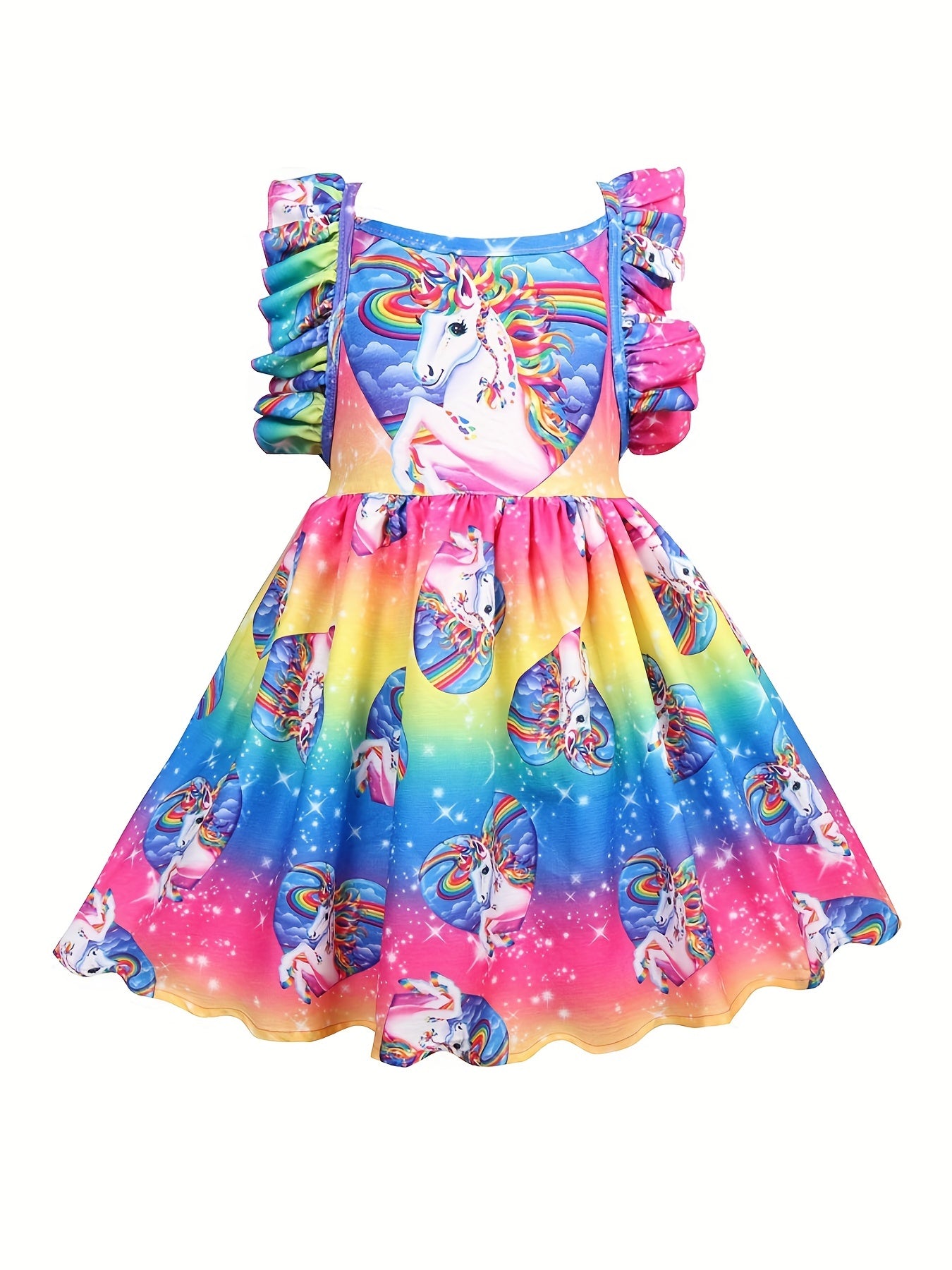 Girl's Princess Dress Sleeveless Ruffle Unicorn Print Dress