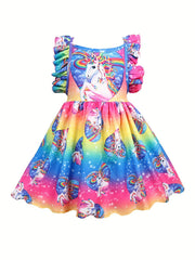 Girl's Princess Dress Sleeveless Ruffle Unicorn Print Dress