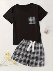 Plaid Print Pajama Set Short Sleeve Top & Shorts