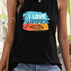 Conch & Letter Pattern Stretchy Sports Vest Round Neck Sleeveless Top