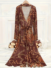 Chain Print Mesh Night Robe Long Sleeve V Neck Robe Women's Sexy Lingerie