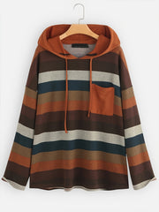 Block Striped Pocket Hoodie Long Sleeve Drawstring Hoodies Sweatshirt