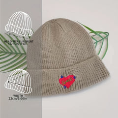 Heart Embroidery Khaki Beanie Casual Lightweight Warm Skull Cap Elastic Knitted