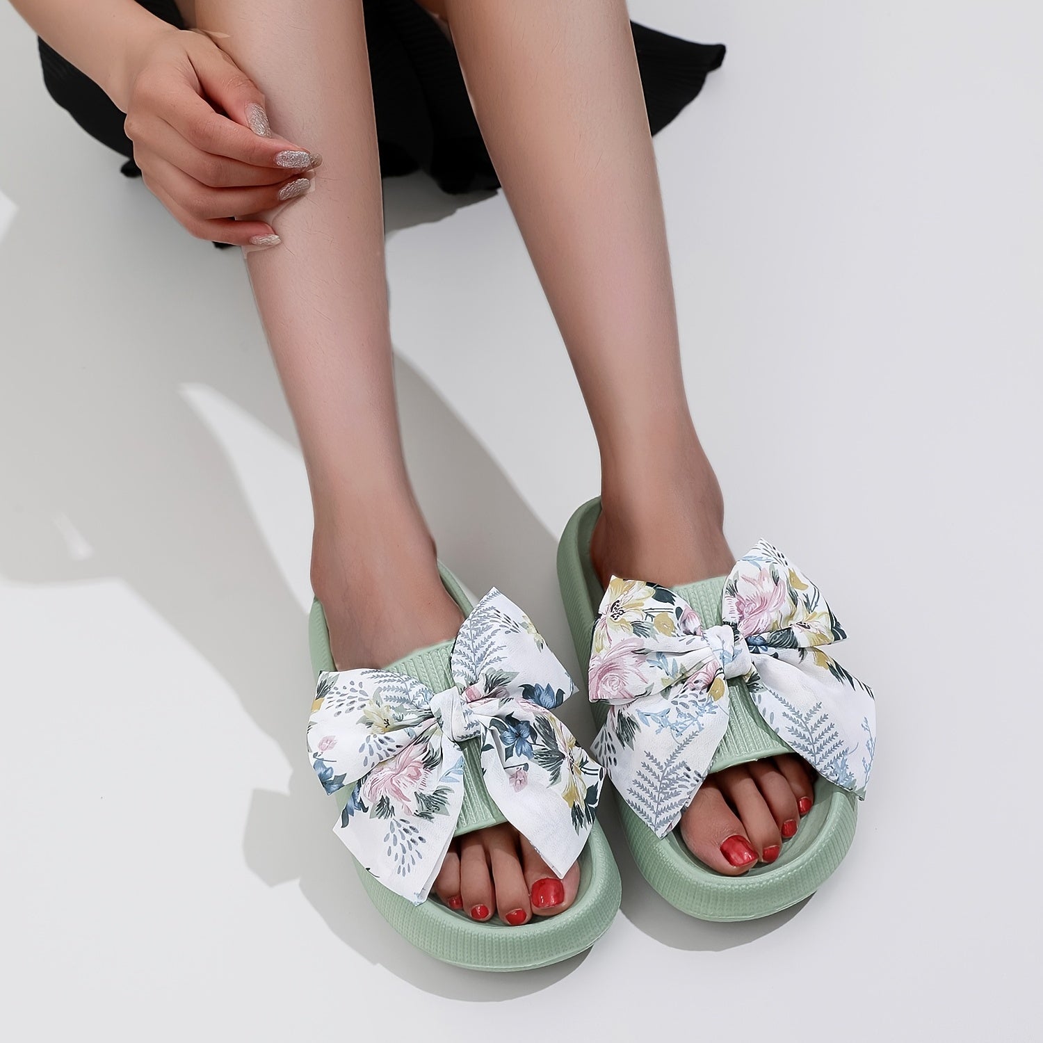 Floral Print Bowknot Slides Soft Sole Lightweight Summer Beach Shoes