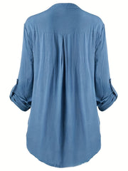 Casual Blouse Women's Contrast Lace Button Up Roll Up Sleeves