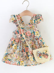 Baby Girls Ruffled Sleeves Flowers Princess Dress & Bow Bag Set