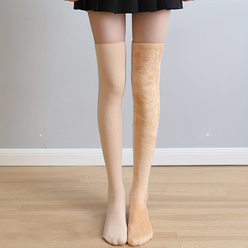 2 Pairs Plush Lined Thigh High Socks Women's Stockings