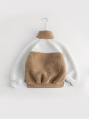 Boys Fuzzy Fleece Jacket Letter Patchwork Stand Collar Kids Warm Zipper Coat