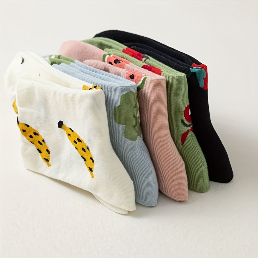 5 Pairs Fruit & Vegetable Print Socks Comfy Crew Socks Women's Stockings Hosiery