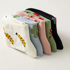 5 Pairs Fruit & Vegetable Print Socks Comfy Crew Socks Women's Stockings Hosiery