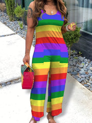 Stripe Print Sleeveless Jumpsuit with Pockets