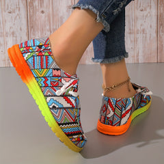Women's Geometric Pattern Canvas Shoes Casual Lace Up Low Top Shoes