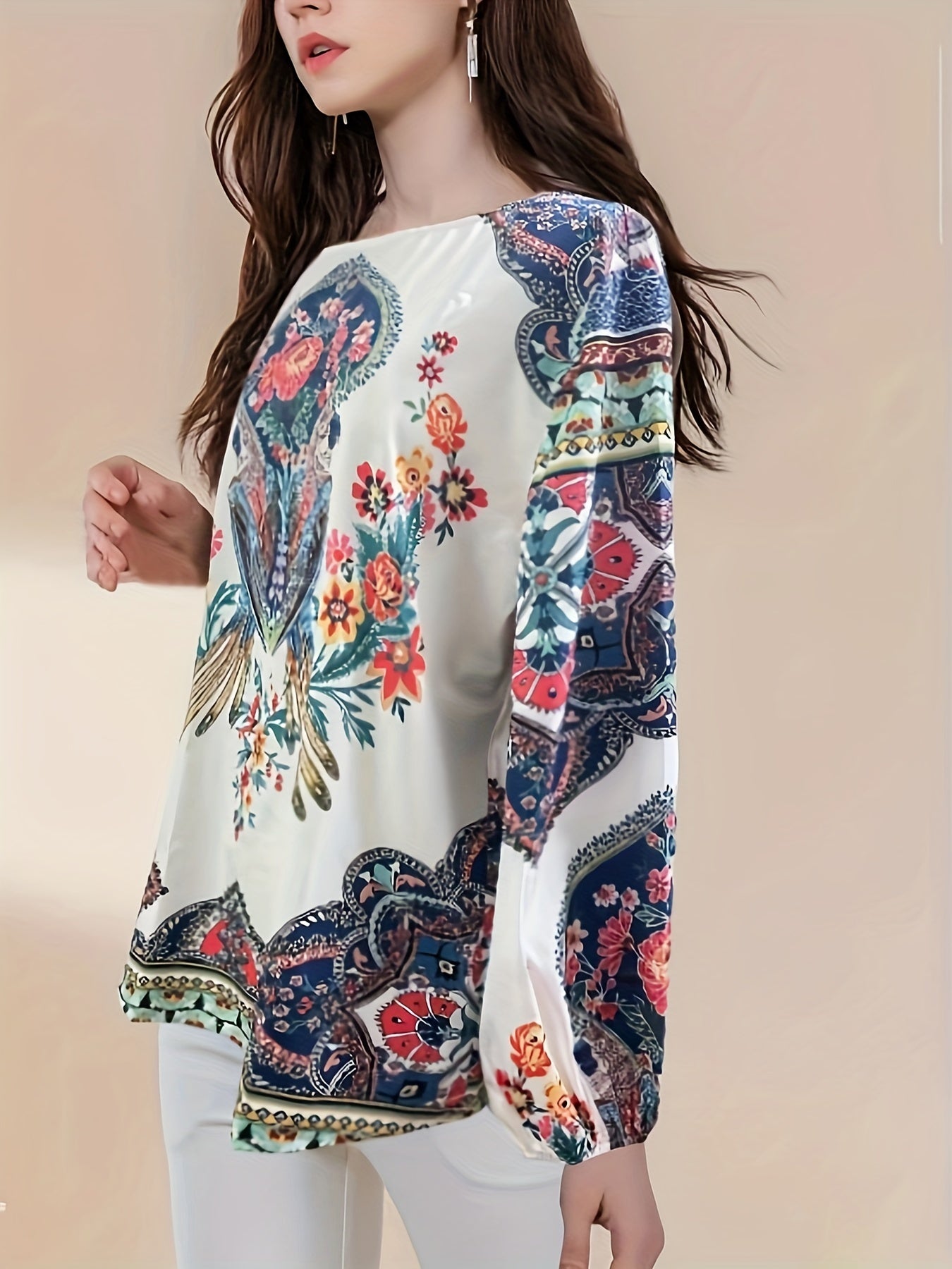 Retro Blouse Women's Plus Bird & Floral Print Top