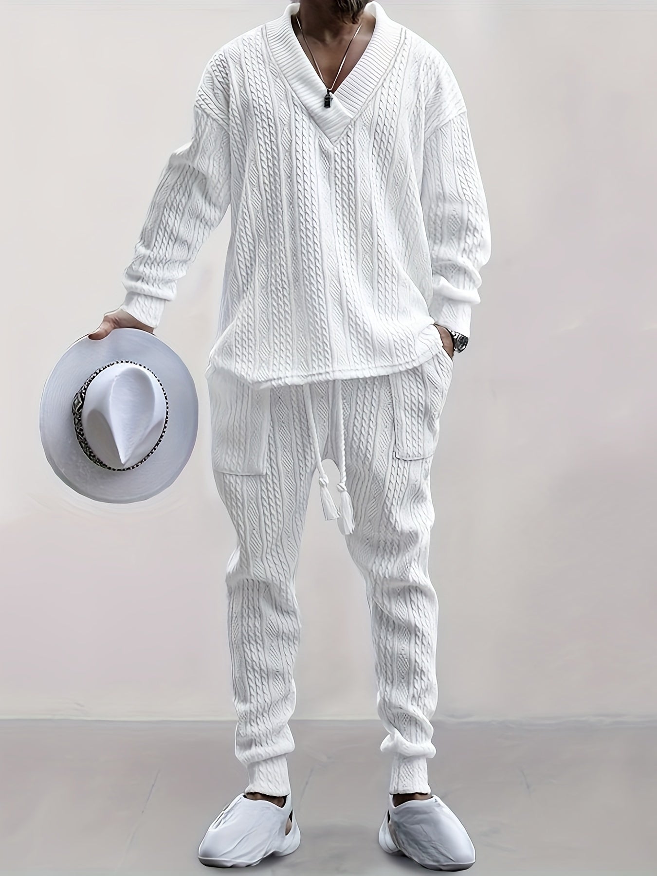 Men's Jacquard V-Neck Sweatshirt & Drawstring Sweatpants Set