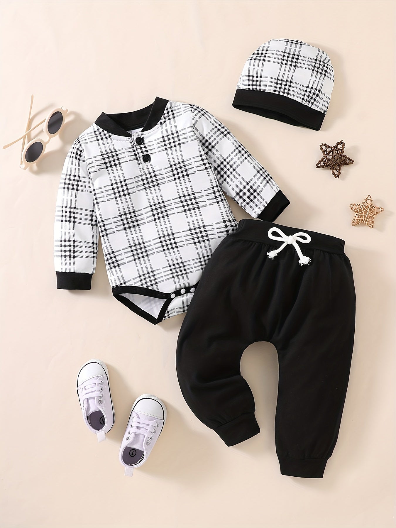 Baby Boy's Plaid Romper & Pants Set Fall Winter Newborn's Clothes