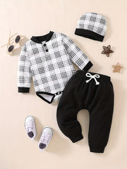 Baby Boy's Plaid Romper & Pants Set Fall Winter Newborn's Clothes