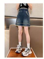 Vintage Denim Shorts with Raw Trims, Elastic Waist, Summer Kids Outfit