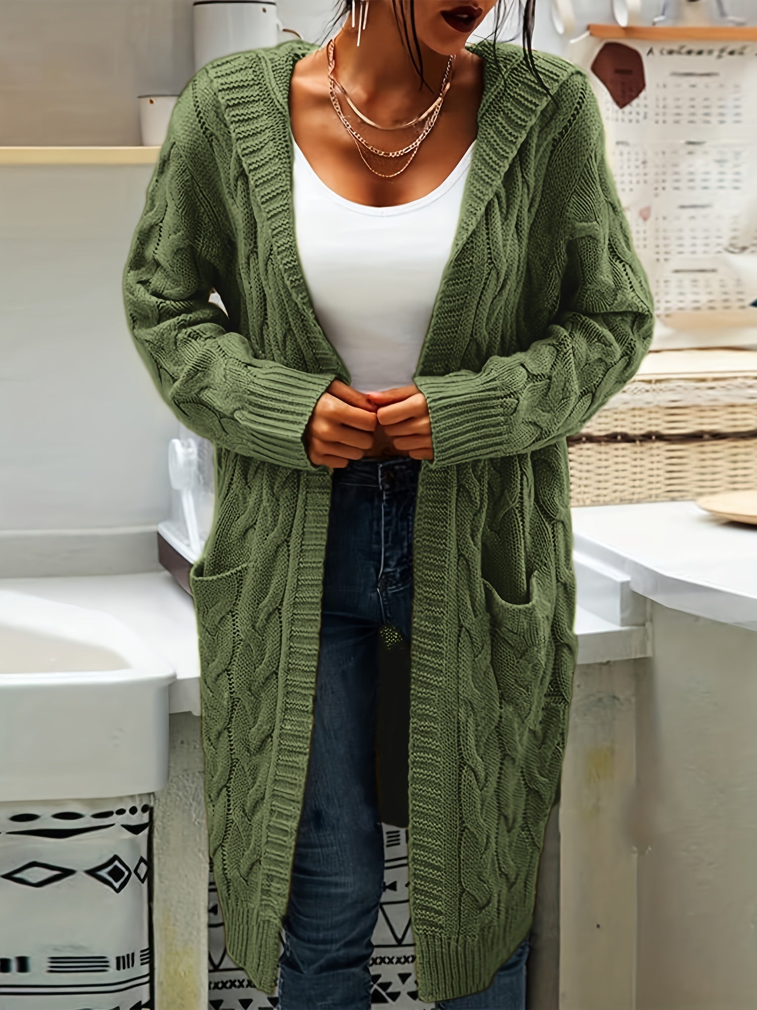 Cable Sleeve Hooded Cardigan With Pockets