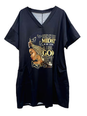 Cartoon Print V Neck Dress With Pockets