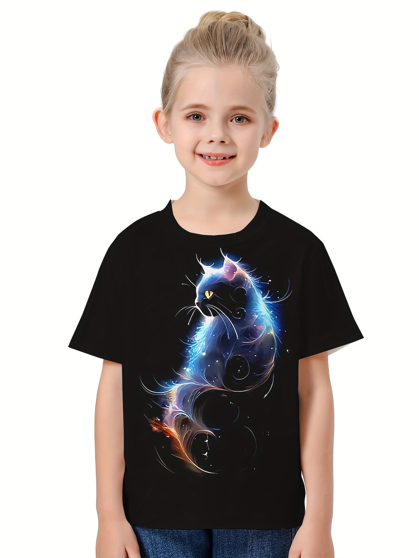 Girls Boys 3D Cat Graphic Short Sleeve T shirt Breathable Comfy Pullover Tops