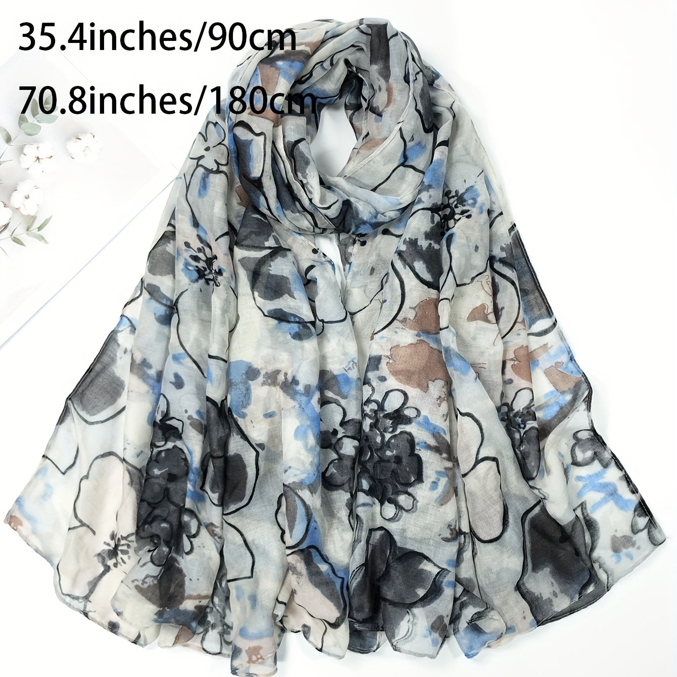 Gray Flower Print Scarf Vintage Tie Dye Shawl Lightweight Casual Head Wrap