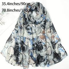 Gray Flower Print Scarf Vintage Tie Dye Shawl Lightweight Casual Head Wrap