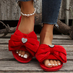 Women's Bowknot Slippers Open Toe Slip On Shoes Rhinestone Heart Decor