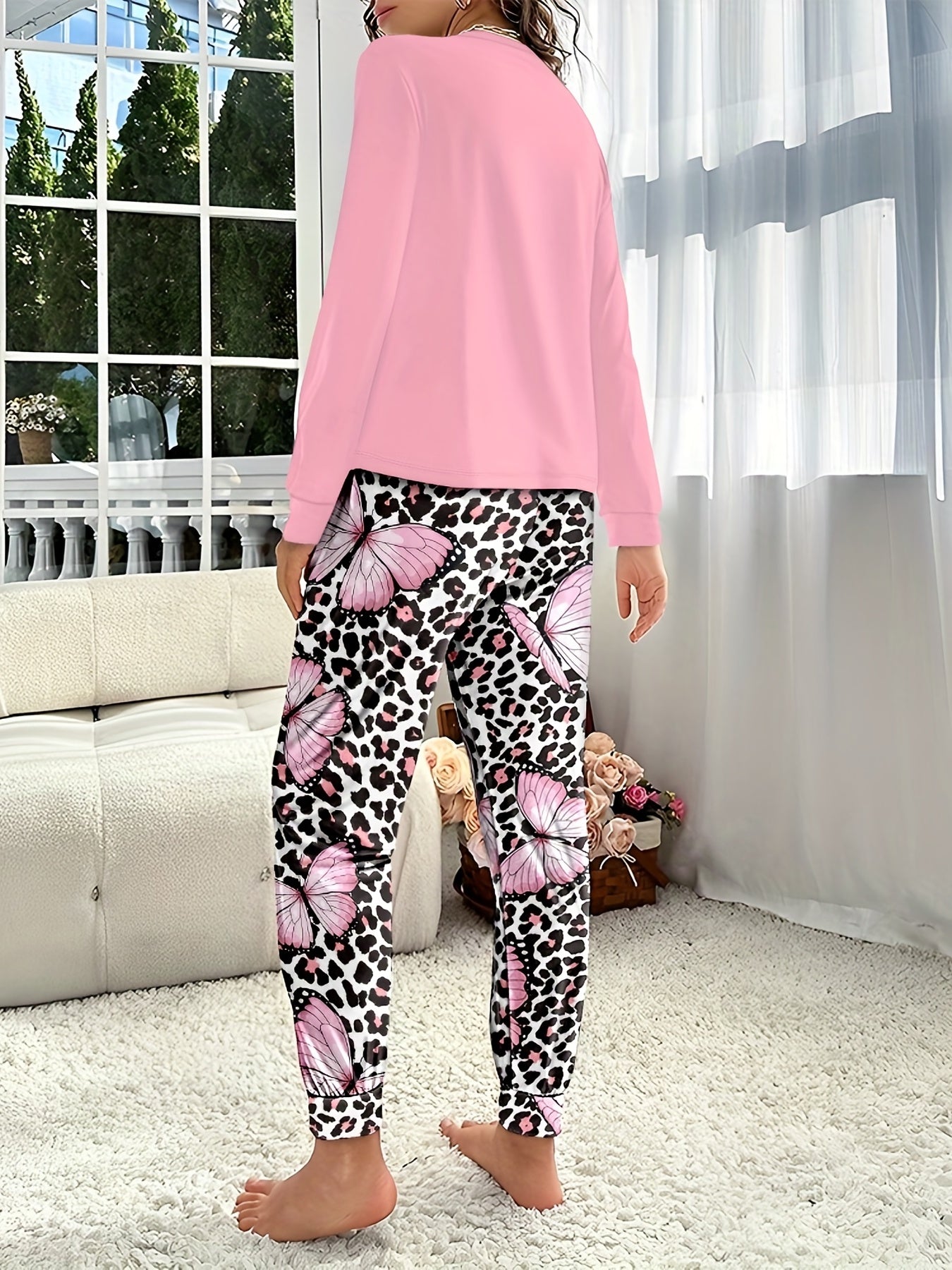 Butterfly Print Lounge Set Long Sleeve Top & Leopard Pants Women's Pajamas
