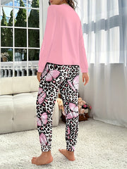 Butterfly Print Lounge Set Long Sleeve Top & Leopard Pants Women's Pajamas