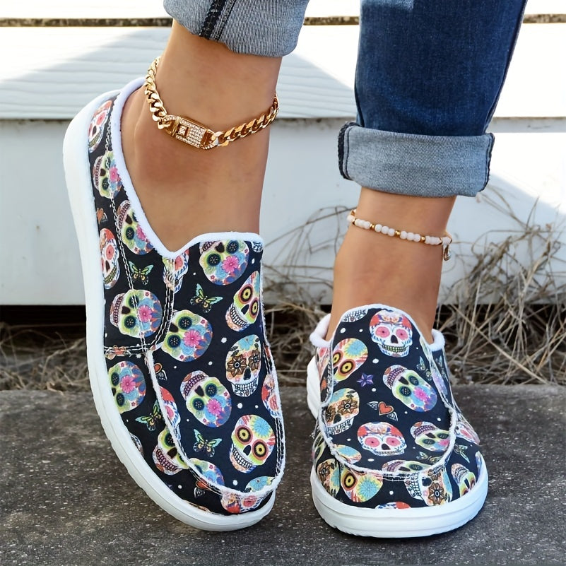 Skull Pattern Canvas Slip-On Shoes for Women Lightweight Halloween Shoes