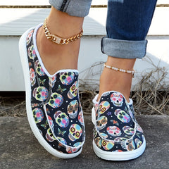 Skull Pattern Canvas Slip-On Shoes for Women Lightweight Halloween Shoes