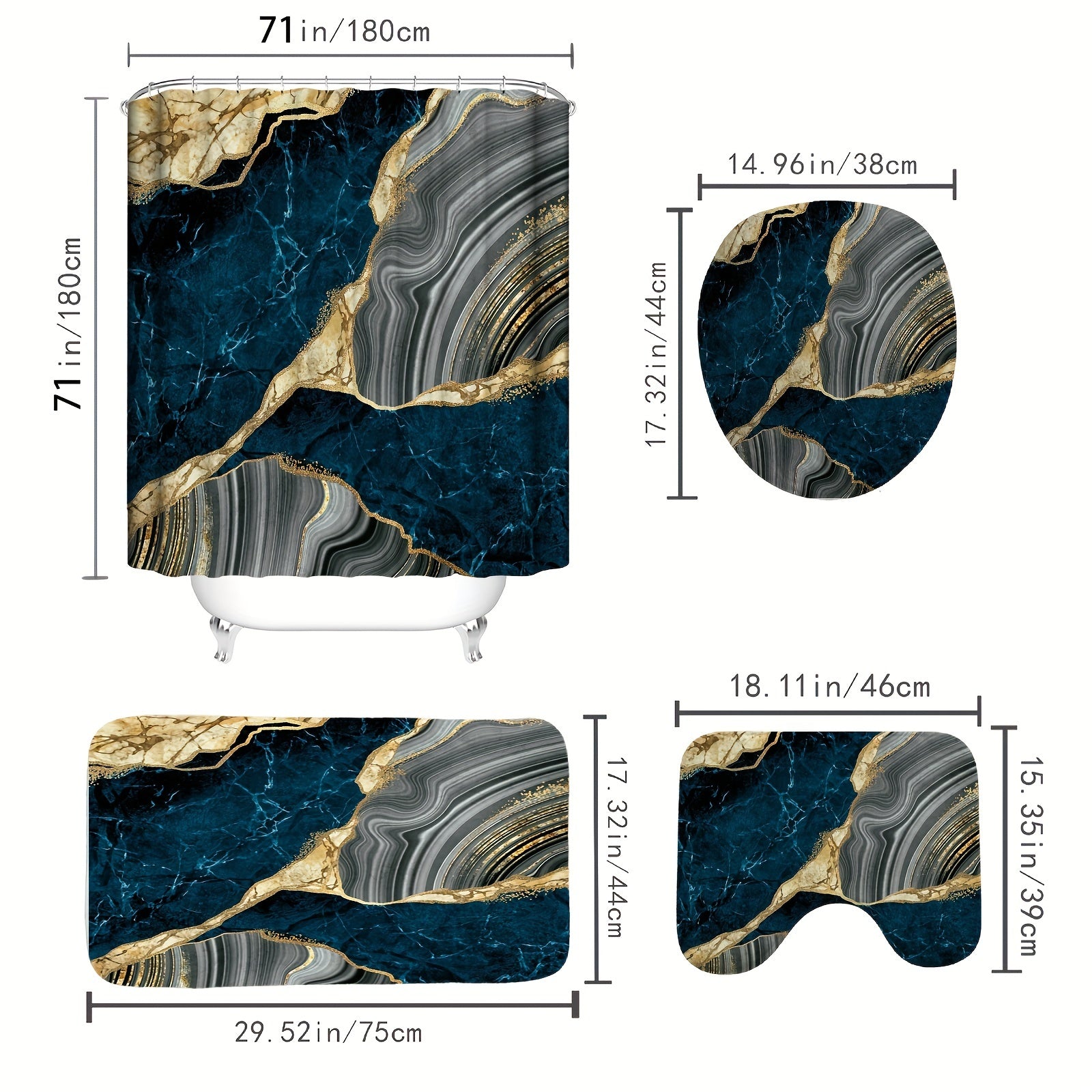 Marble Shower Curtain Set Abstract Waterproof Fabric Bathroom Tub Decor