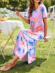 Tie Dye Print Dress V-Neck Short Sleeve Casual Dress