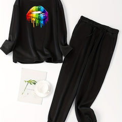 Lip Print Fleece Lounge Set Tee & Jogger Pajama Two Piece Set
