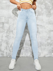 Dark High Waist Skinny Jeans Slim Fit Slash Pockets Stretchy Denim Pants